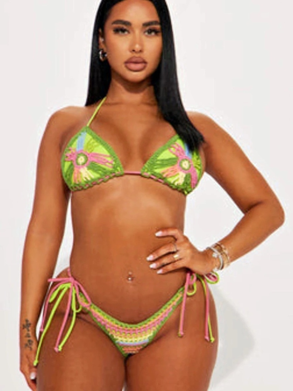 Fashion Nova Chissy Crochet 2 Piece Bikini Green & Pink Small